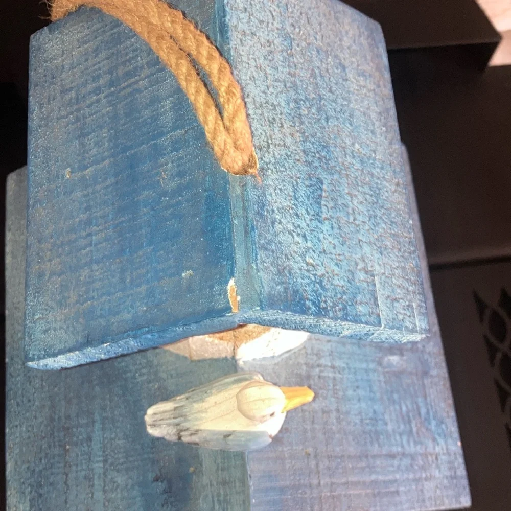 Blue and White Decorative Birdhouse with Seagull Decor